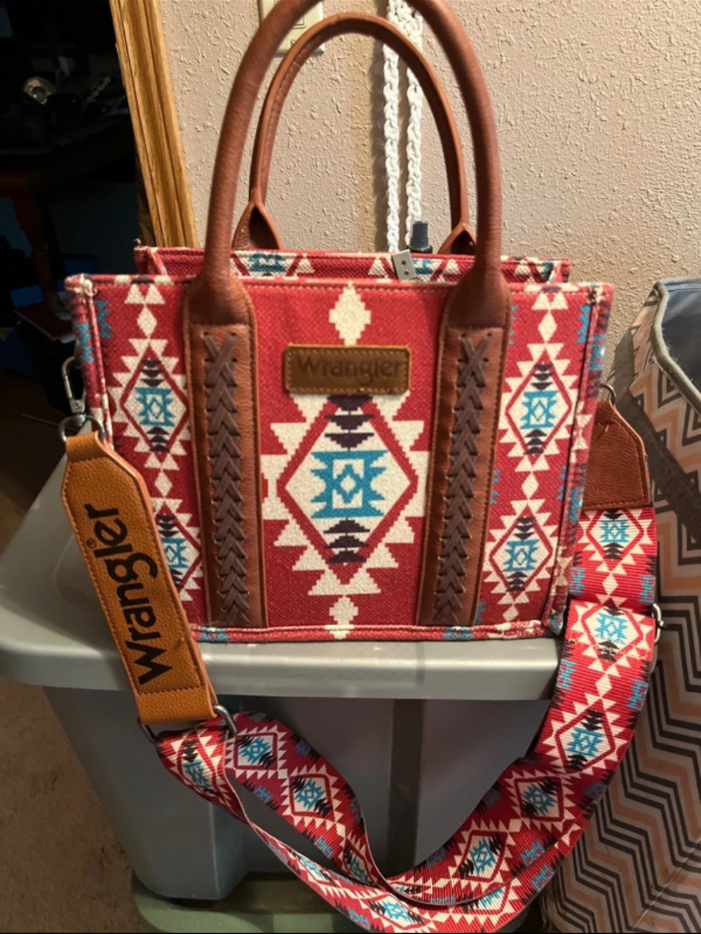 Wrangler Red Aztec Crossbody Tote with Brown Leather Trim and Turquoise Accents